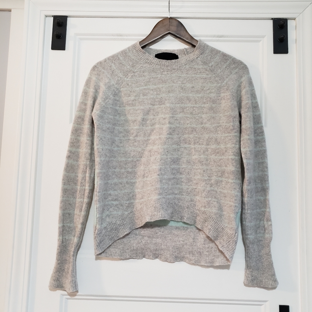 Line Cashmere Striped Sweater Womens M High Low Grey Mint Crew Neck Pullover